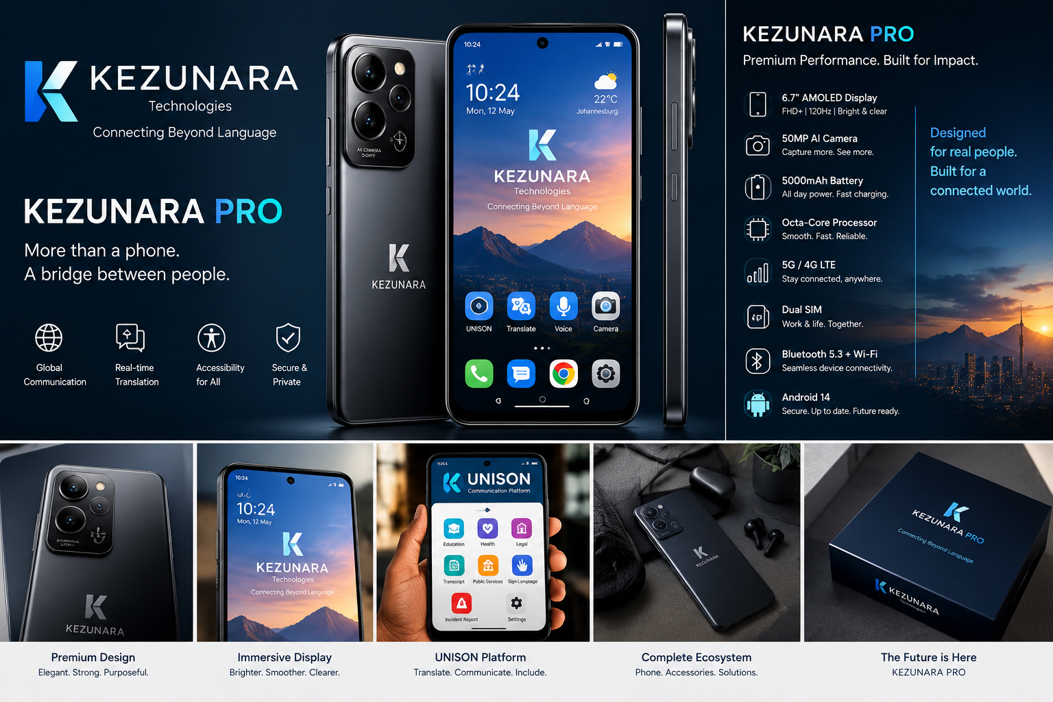 KEZUNARA Pro — More than a phone. A bridge between people. Premium performance with 6.7-inch AMOLED display, 50MP AI camera, 5000mAh battery, real-time translation, accessibility for all and secure private communication